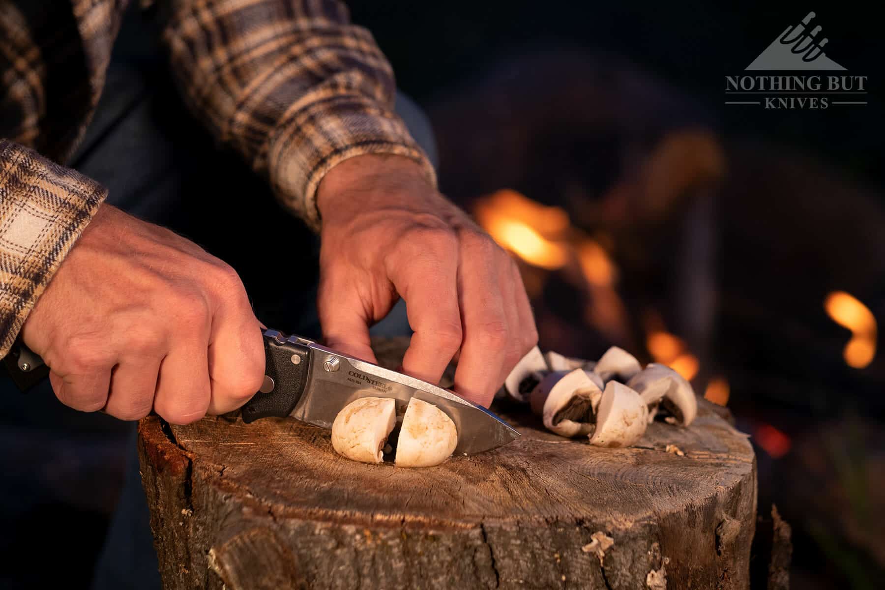 Preparing food with the Cold Steel 4MAX Scout on a camping trip. 