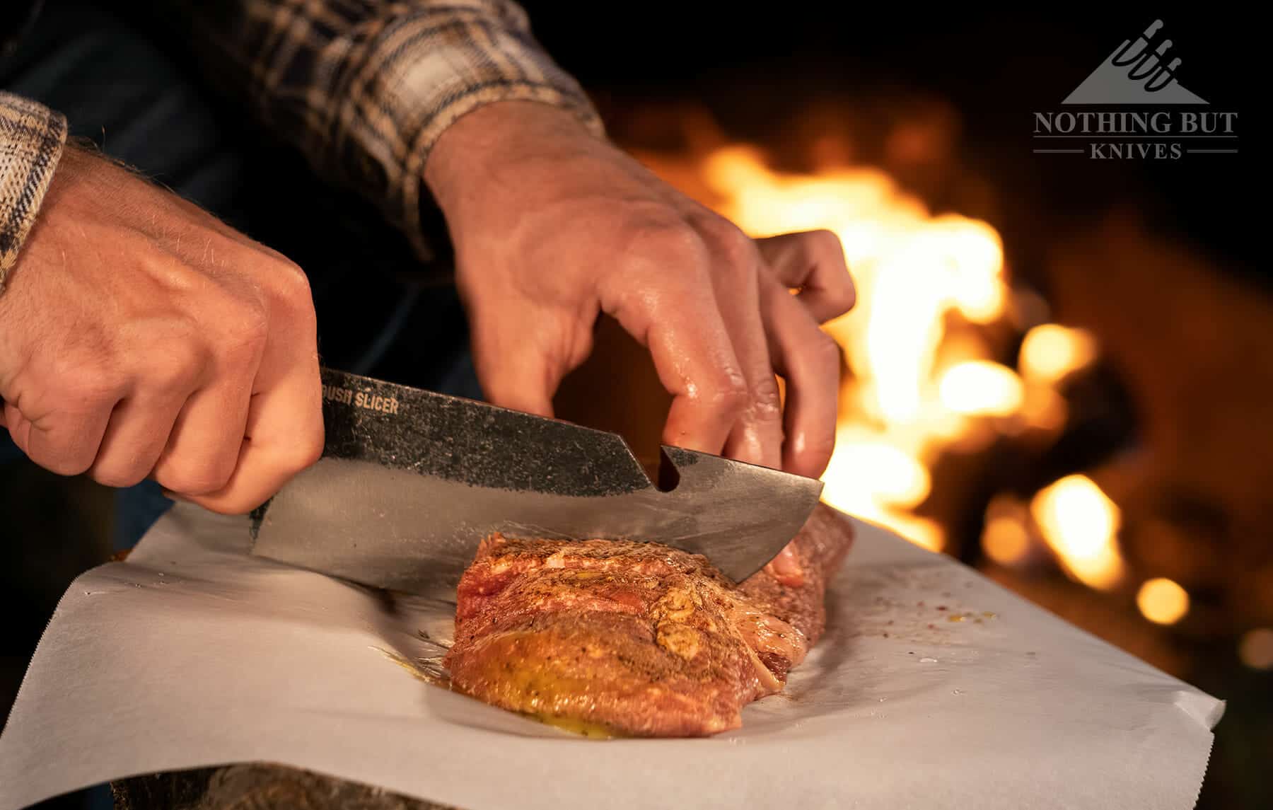 The sharp convex grind and great balance of the Bush Slicer allow it to cut cleanly and easily through meat.