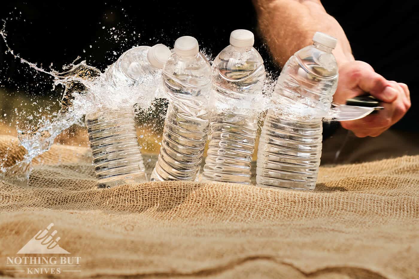 Here the Off-Grid Rhino shows it's slicing ability by easily cutting through four water bottles. 