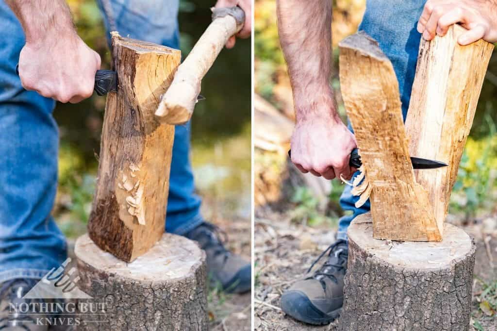 A split image showing the Buck GCK knife batoning a log.