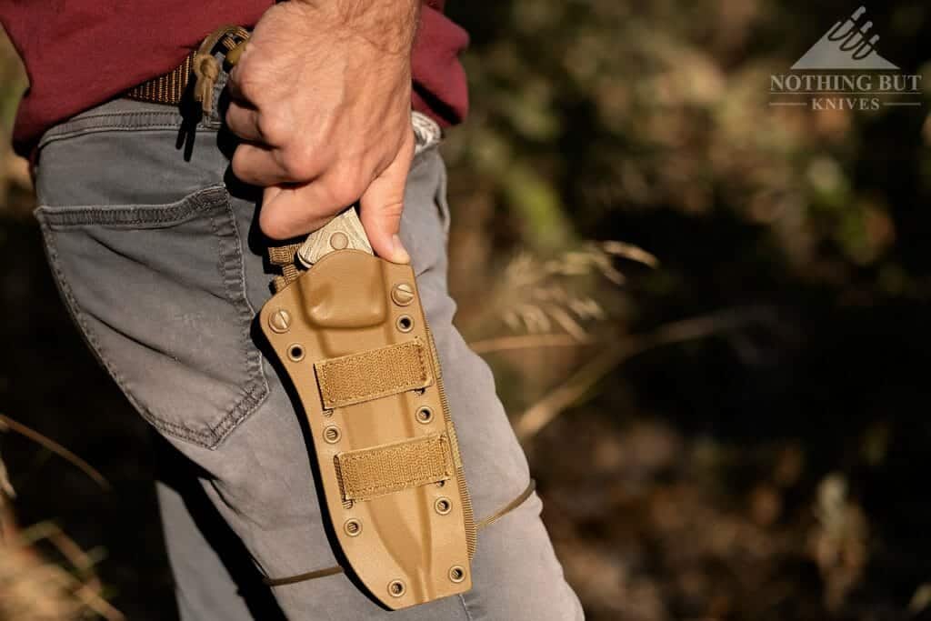 A man's hand removing the Buck GCK from a vertical carry sheath.