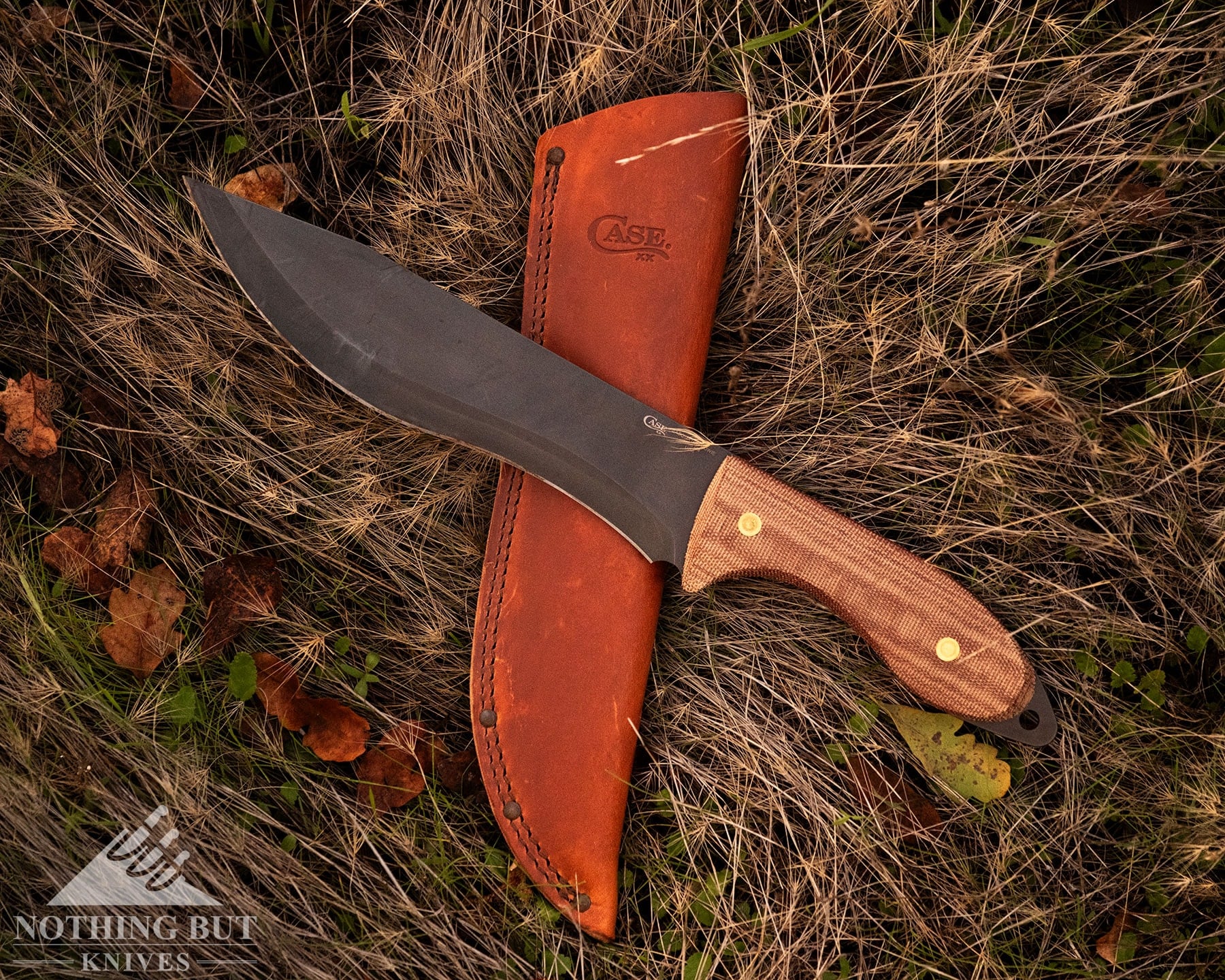An overhead view of the Case Laramie Miller Sasquatch Bowie on top of its leather sheath in a field. 