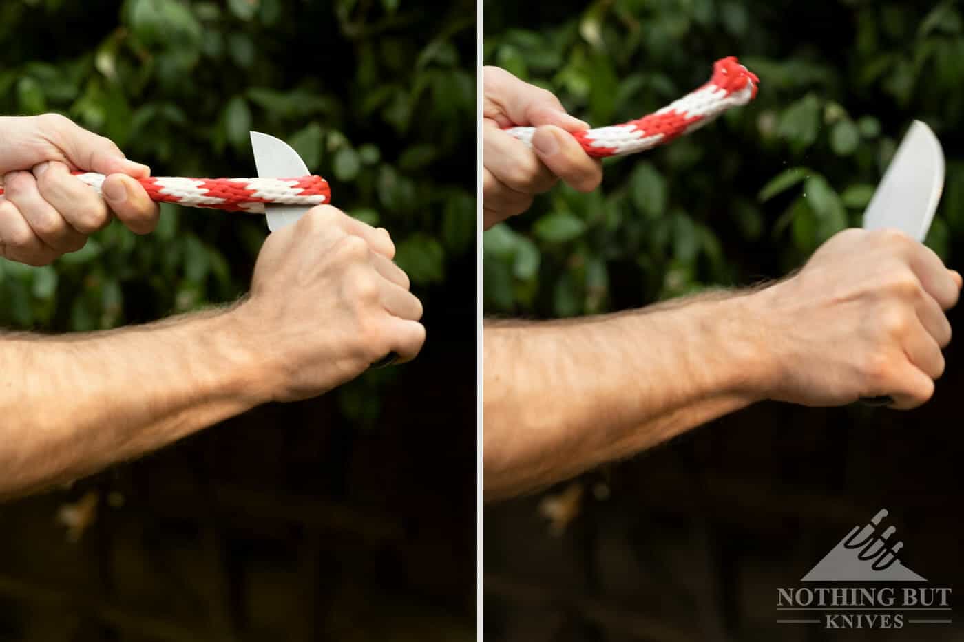 A two part image showing the Off-Grid Badger slicing threw a rope. 