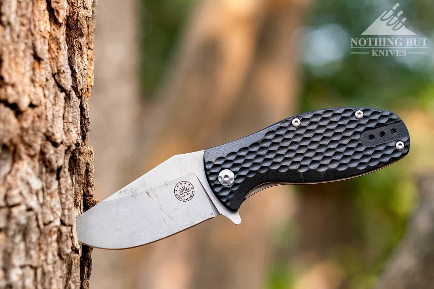 Off-Grid Knives Badger Review - Image 1 Folding knife stuck in a tree.
