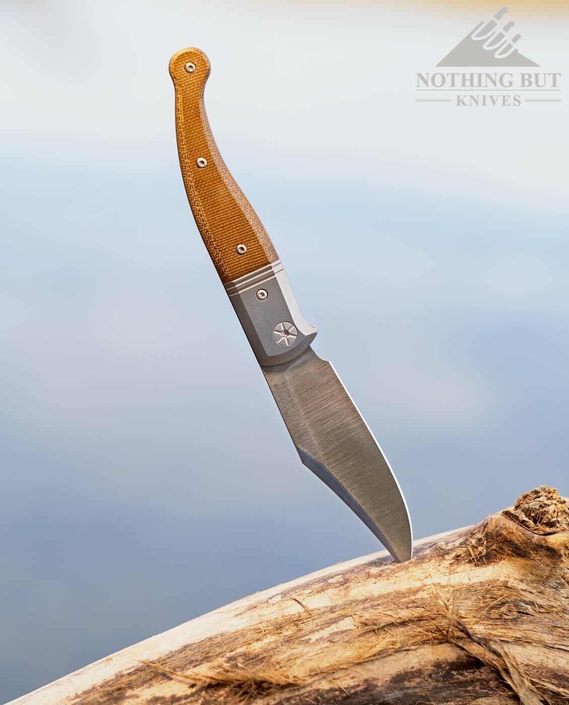 The LionSteel Gitano is a good looking knife with a practical design. Shown here sticking out of a log next to a river. 