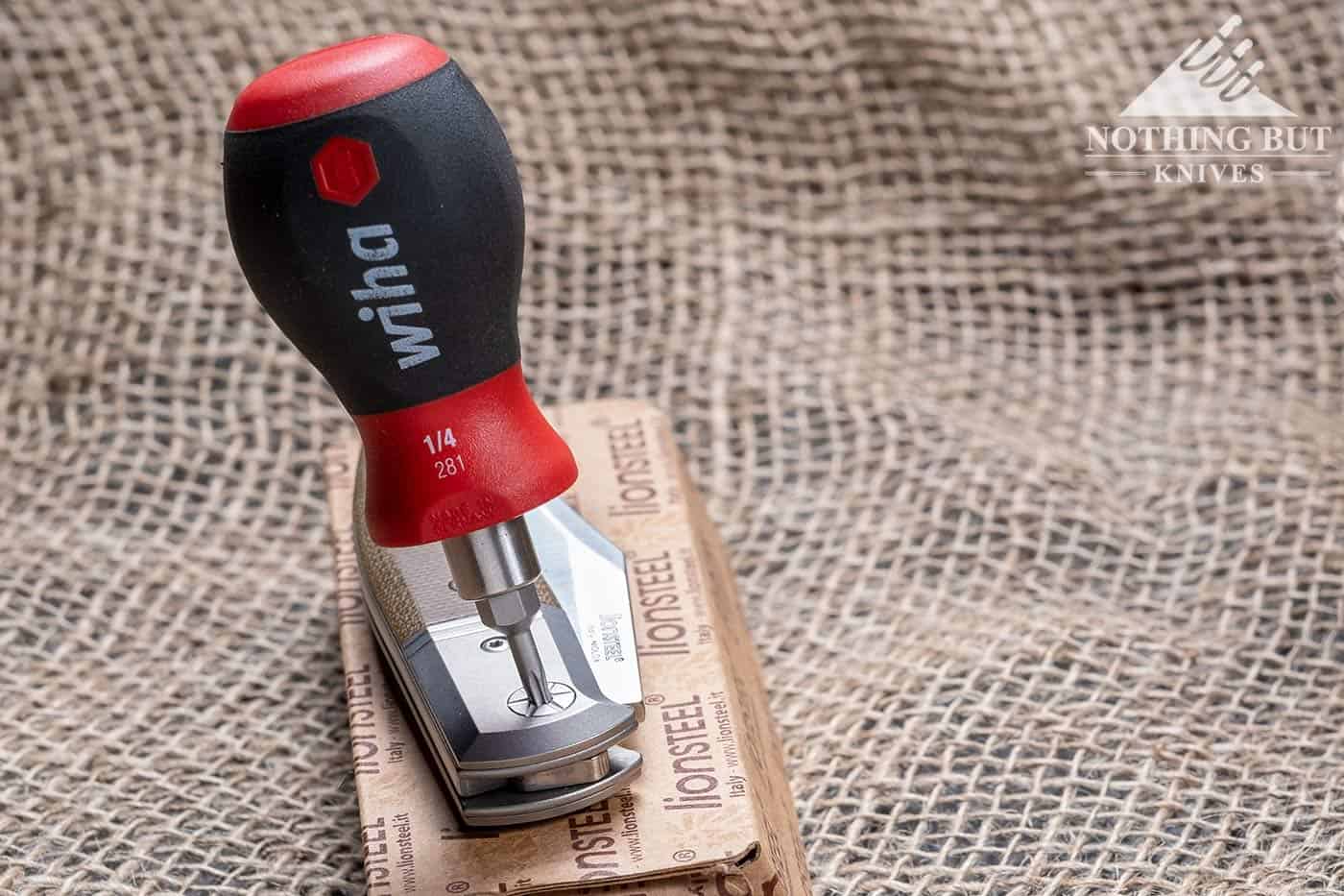 Lionsteel Gitano Slip Joint Review - Image 10 A torx screwdriver with a T9 bit loosening the pivot screw.