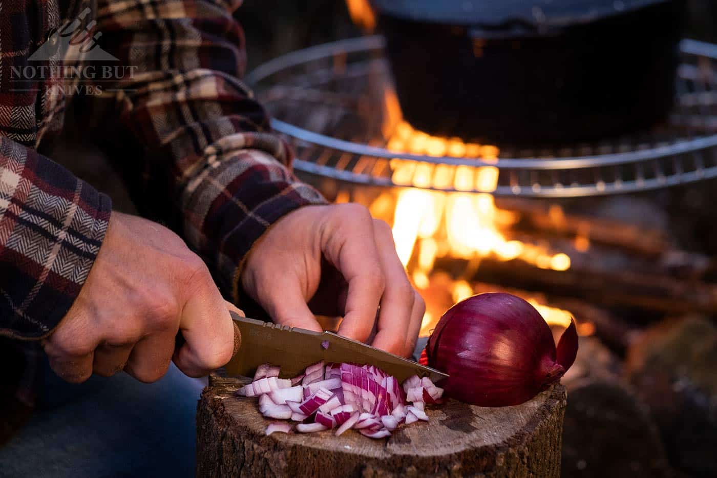 A man's hand chopping an onion for a stew next to a camp fire.