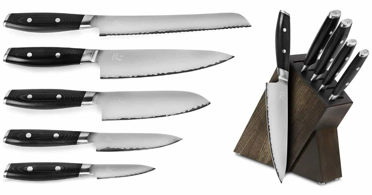 The six piece Yaxell Mon knife set shown with the knives in the dark Ash storage block and outside the dark ash storage block.