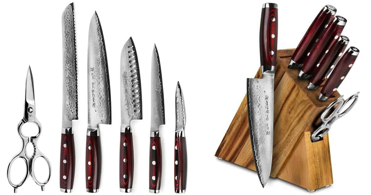 The Yaxell Super Gou 7 Pice Knife set with the knives in the storage block and outside the storage block. 
