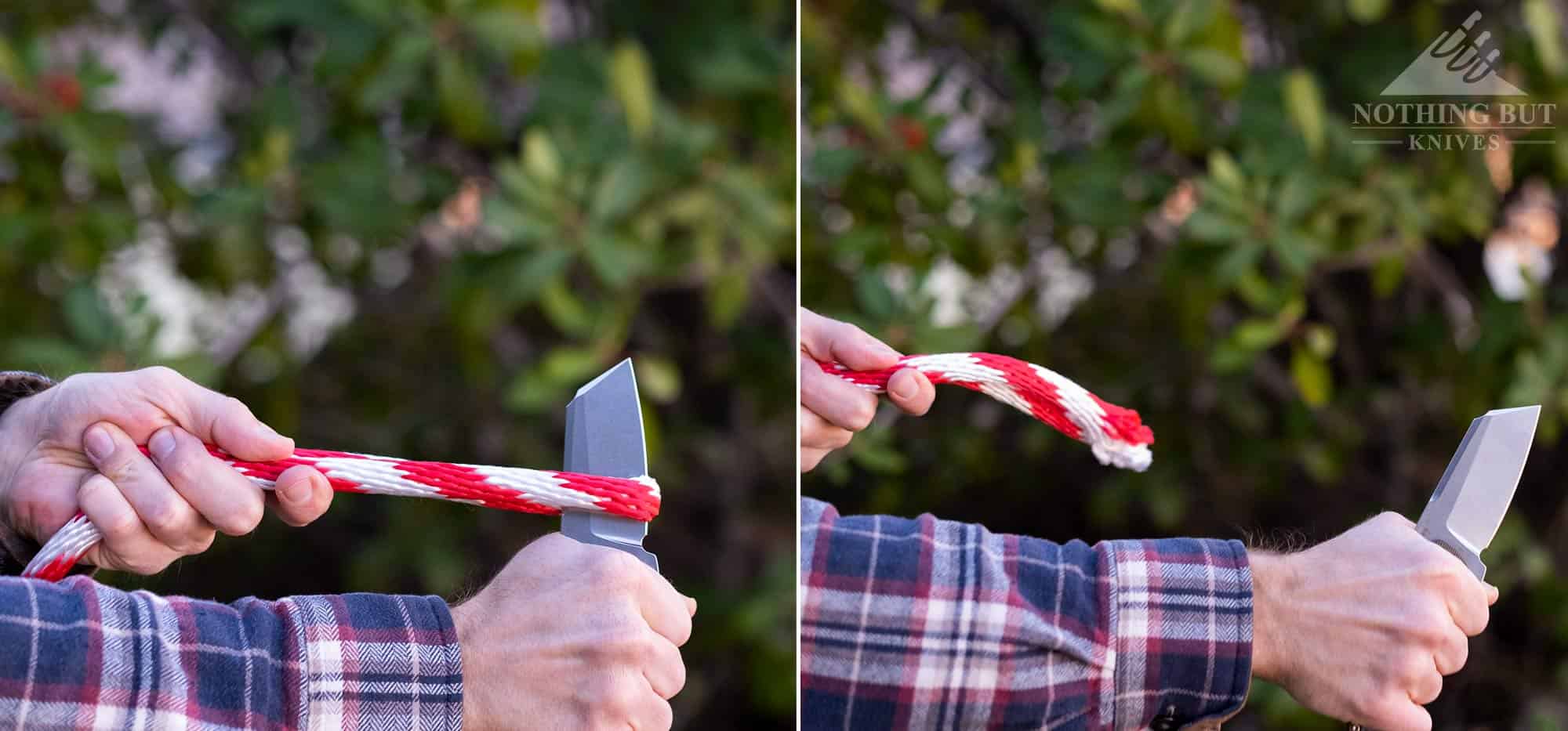 A two part image showing the Kizer Sheepdog knife cutting rope outdoors. 