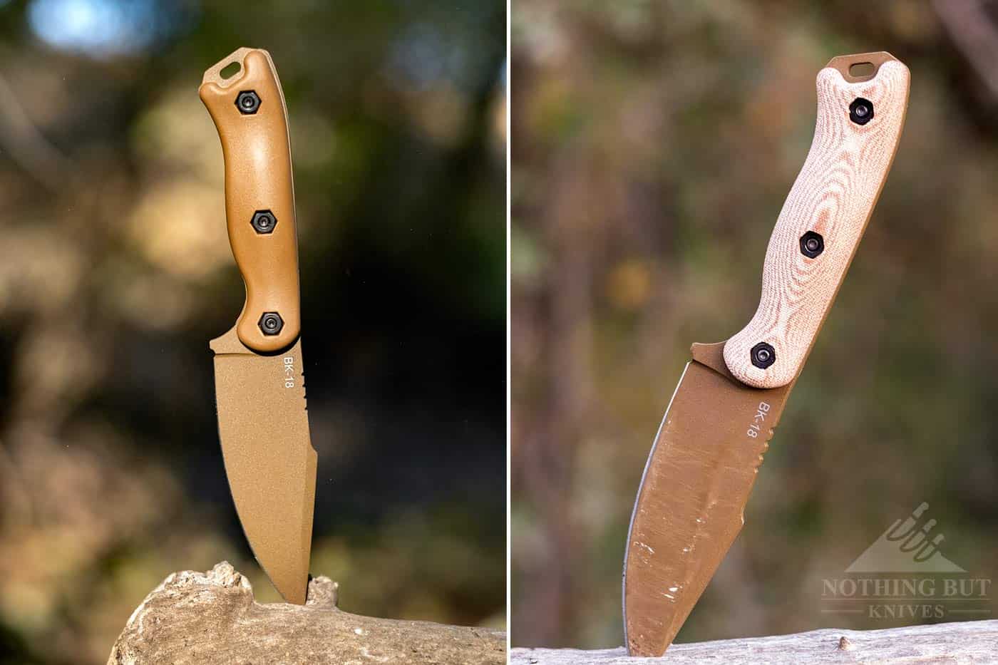 The Ka-bar Becker BK18 Harpoon knife shown with zytel handle scales on the left and micarta handle scales on the right. 
