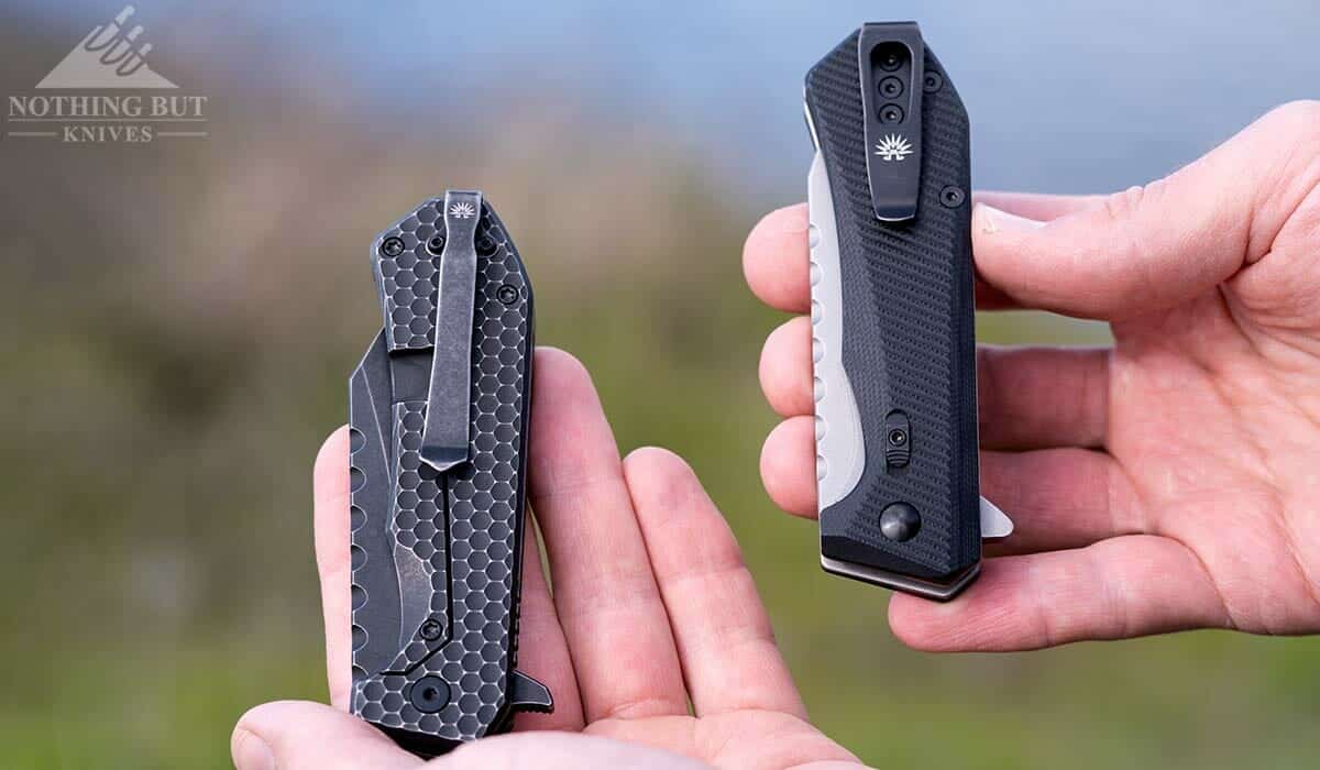 A comparison of the pocket clips on the Black Mamba and Viper folding knives. 