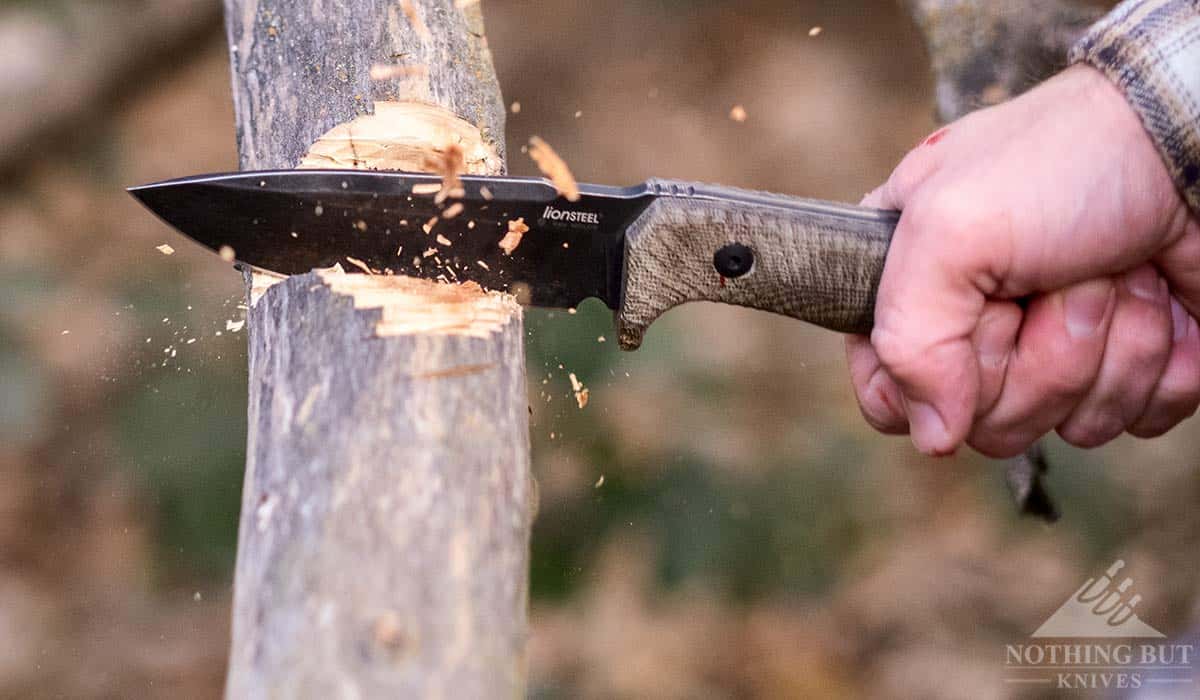 A close up of a man's hand chopping a branch with the LionSTEEL T5 knife. 