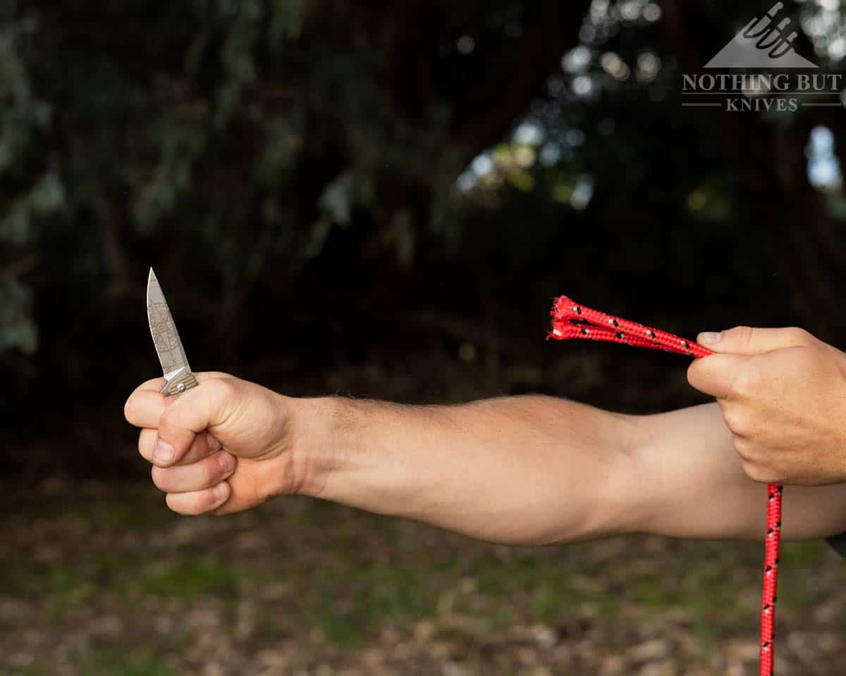 3V Gear React Knife Review - Image 6 The 3V Gear React pocket knife after it sliced through rope.