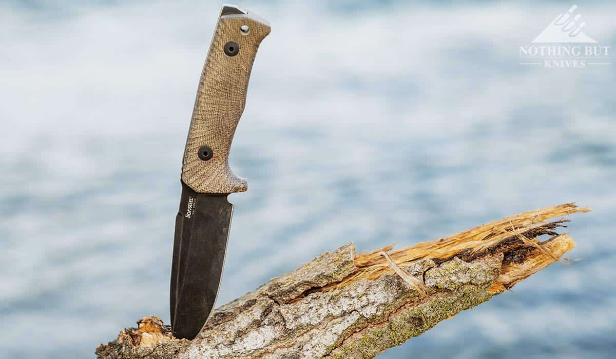 The LionSTEEL T5 knife sticking out of a log with the handle facing up. 