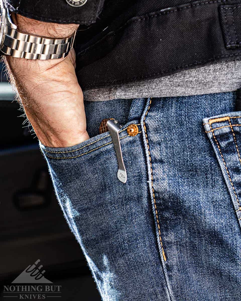 The Sprint Pro knife shown in the backwards position in the left side pocket, because the clip is not reversible. 