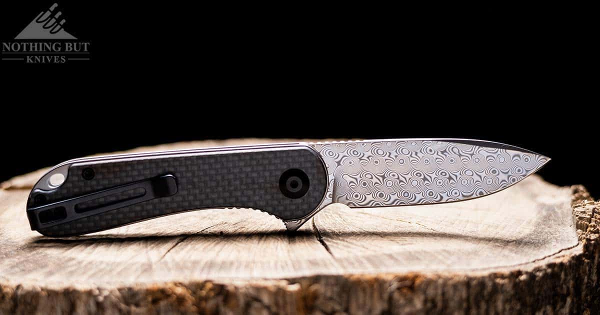 Close-up of the Civivi Elementum folding knife with the pocket clip side facing forward. 
