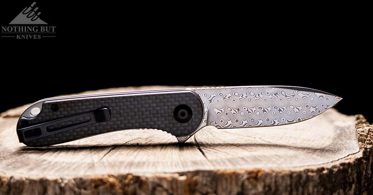 Civivi Elementum In Damascus Review - Image 1 Close-up of the Civivi Elementum folding knife with the pocket clip side facing forward.