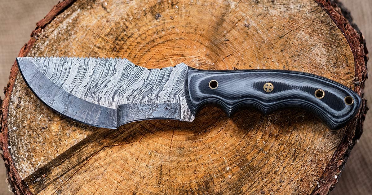A pattern welded Damascus fixed blade knife on a stump. 
