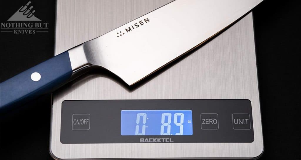 Misen Chef Knife Review - Image 1 A Misen chef knife on a small scale.