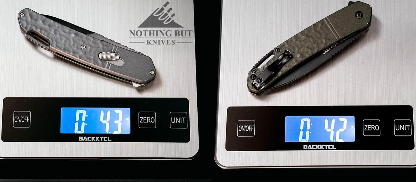 Crkt Bona Fide Review - Image 2 Both versions of the CRKT Bona Fide on a digital scale.
