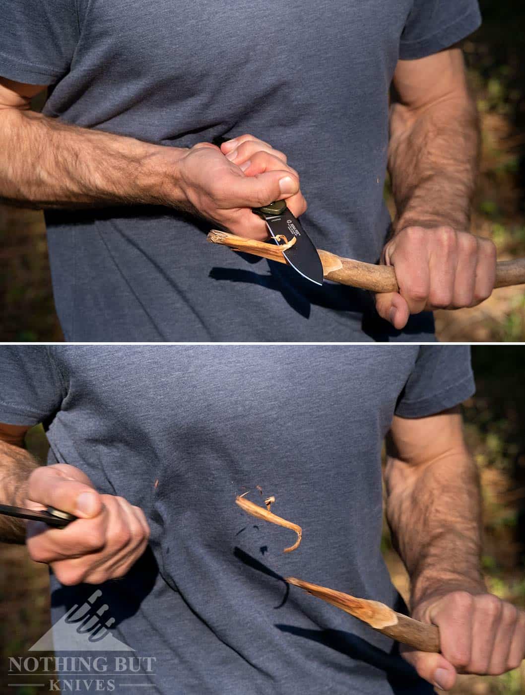 Crkt Bona Fide Review - Image 5 Chest lever grip carving with the OD Green CRKT Bona Fide pocket knife.