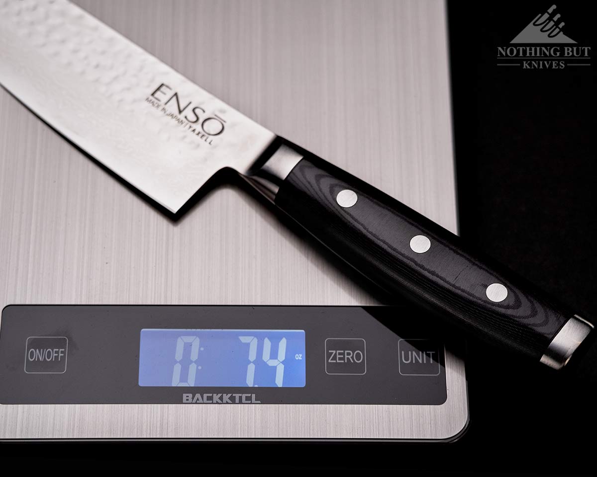 Enso santoku knife on a digital scale. 
