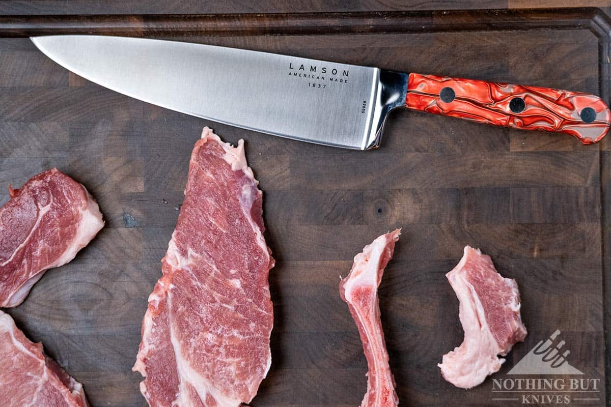 The full bolster of the Lamson chef knife is good for safety, but it hinders overall performance. 