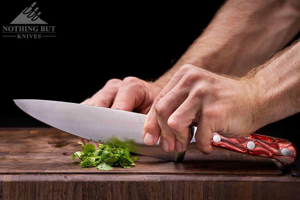 Rock chopping herbs with the Lamson Premier chef knife. 