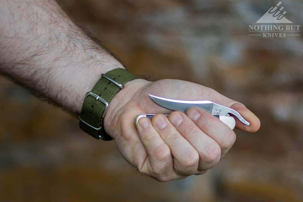 Close-up of the RussLock folding knife showing it's unique design. 