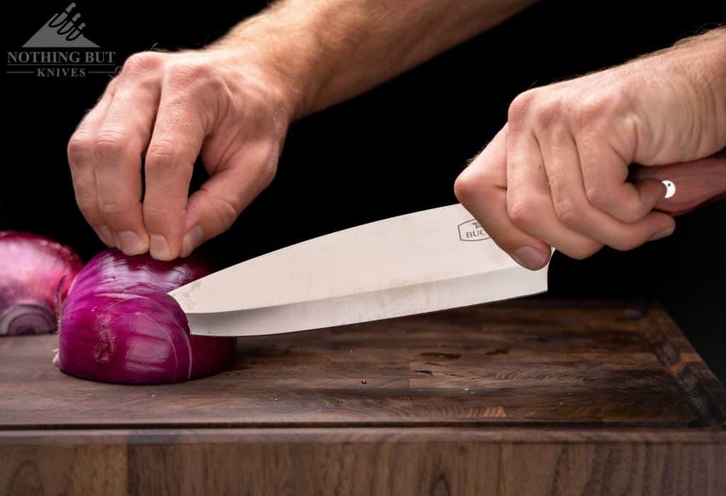 Buck 931 Chef Knife Review - Image 3 Buck 931 Chef Knife Review - Image 3: Cutting With The Tip Of The Buck Chef Knife