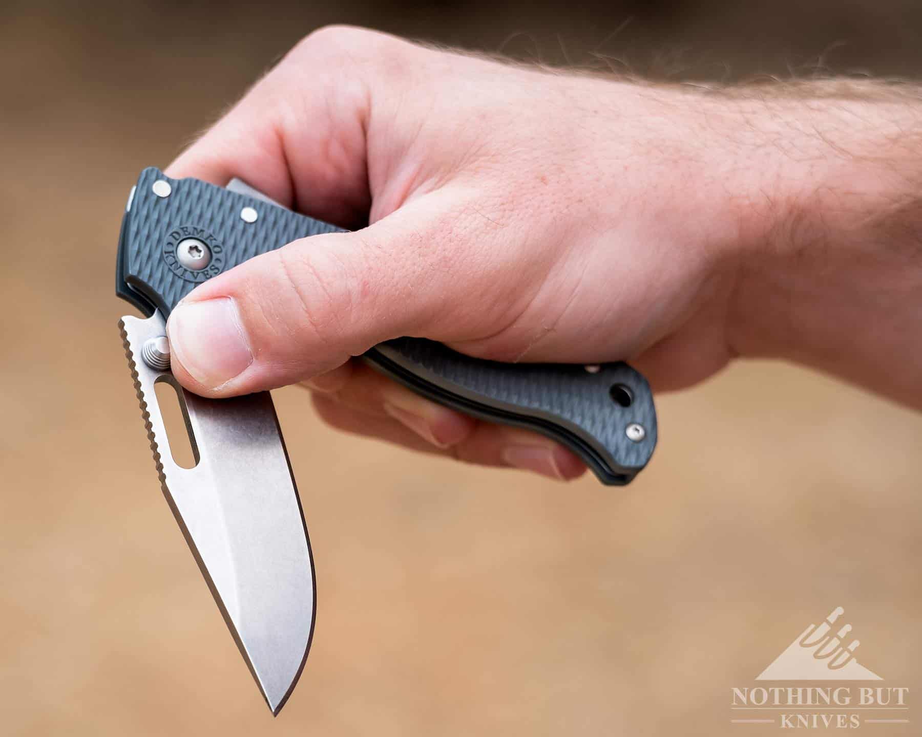 Demko Ad 20.5 Review - Image 5 The Demko AD 20.5 opens smoothly and easily. It is pictured here being opened quickly using the thumb stud.
