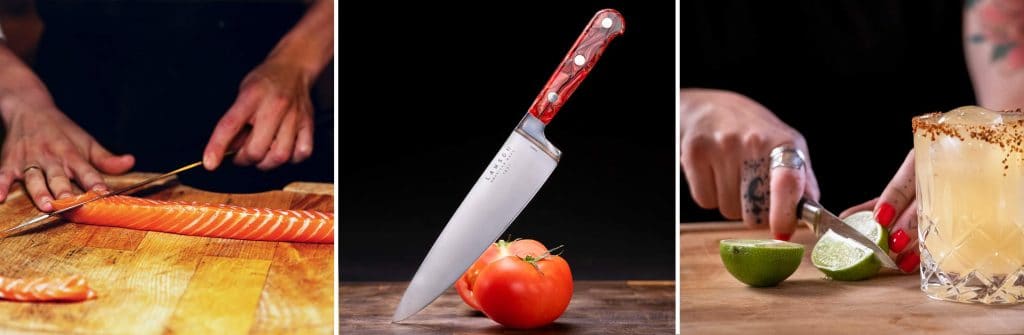 About Nothing But Knives - Image 3 A photo collage showing the kitchen cutlery testing methods used by Nothing But Knives reviewers.