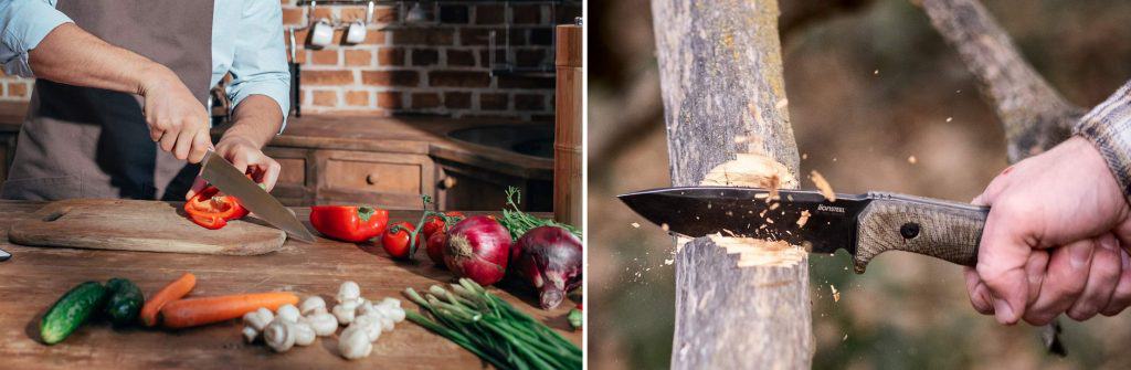 Two image collage showing a kitchen knife being tested and a second image showing a survival knife being tested for a review.