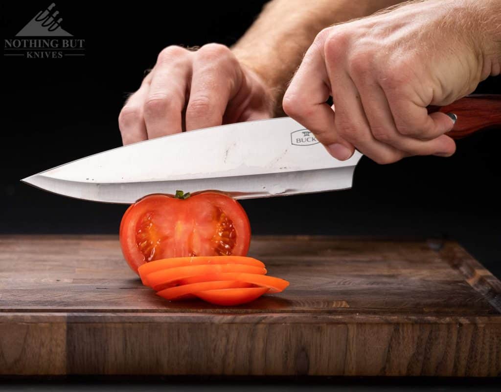 Buck 931 Chef Knife Review - Image 2 Buck 931 Chef Knife Review - Image 2: Slicing A Tomato With The Buck Chef Knife.