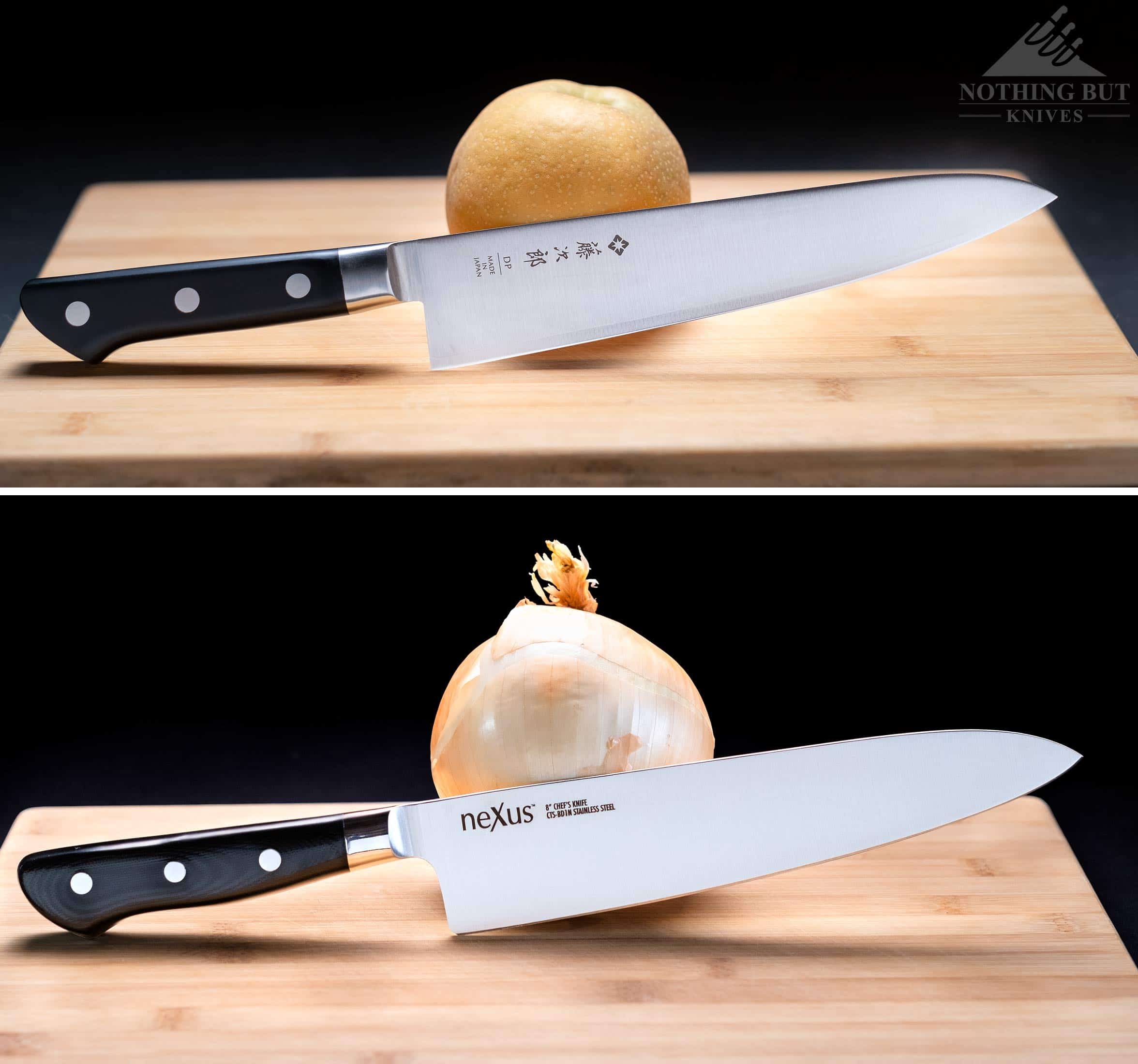 This image show two alternatives to the misen chef knife. The Tojiro DP is on top and the Nexus is on bottom. 