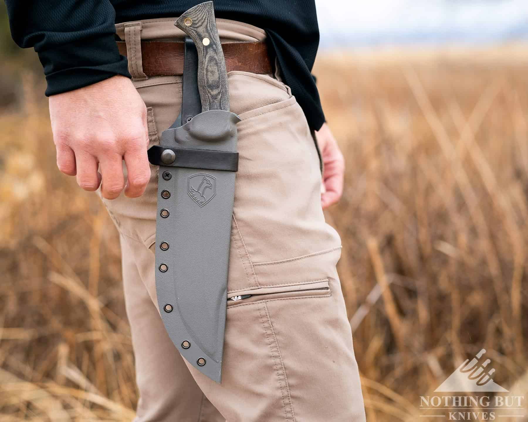 The sheath of the Condor Plan A Bowie is really well designed. It is shown here on a person's waist, so the viewer can see how it rides on the hip.