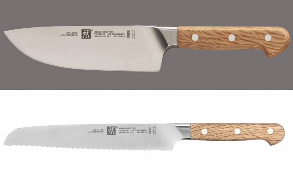 A Zwilling Pro Oak Home chef knife together with a Pro Oak Home bread knife.