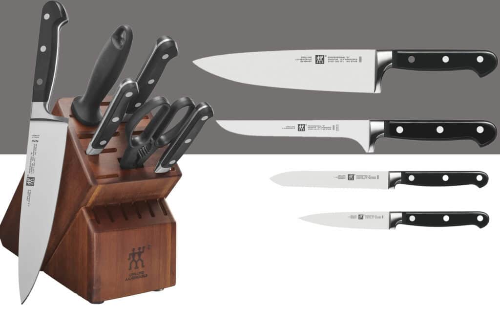 Collage of images that shows an example of a Zwilling Professional S knife set and four knives.