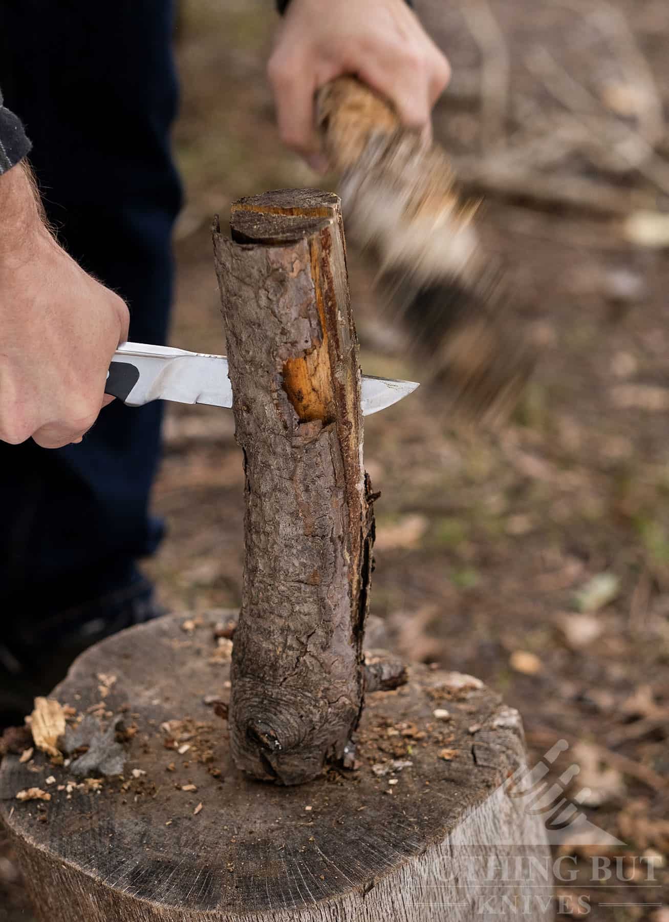 The Marttiini Full Tang batoning a small log to show how well this knife does at wood processing. 