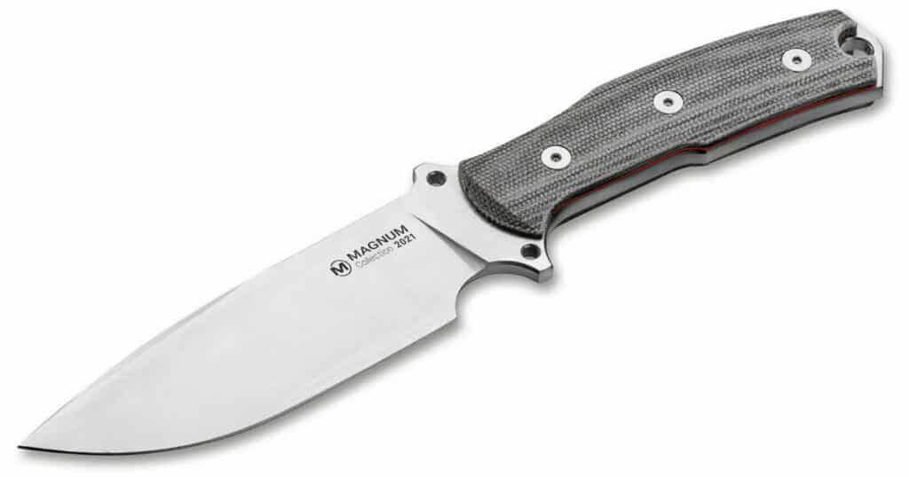 The Boker Magnum Collection 2021 fixed blade knife is a great survival or tactical knife. Shown here on a white background without it's sheath. 