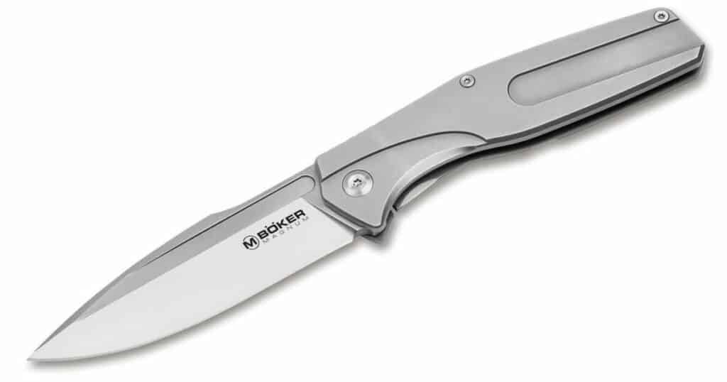 The Milled One is one of the toughest Boker Magnum pocket knives. Shown here in the open position on a white background. 