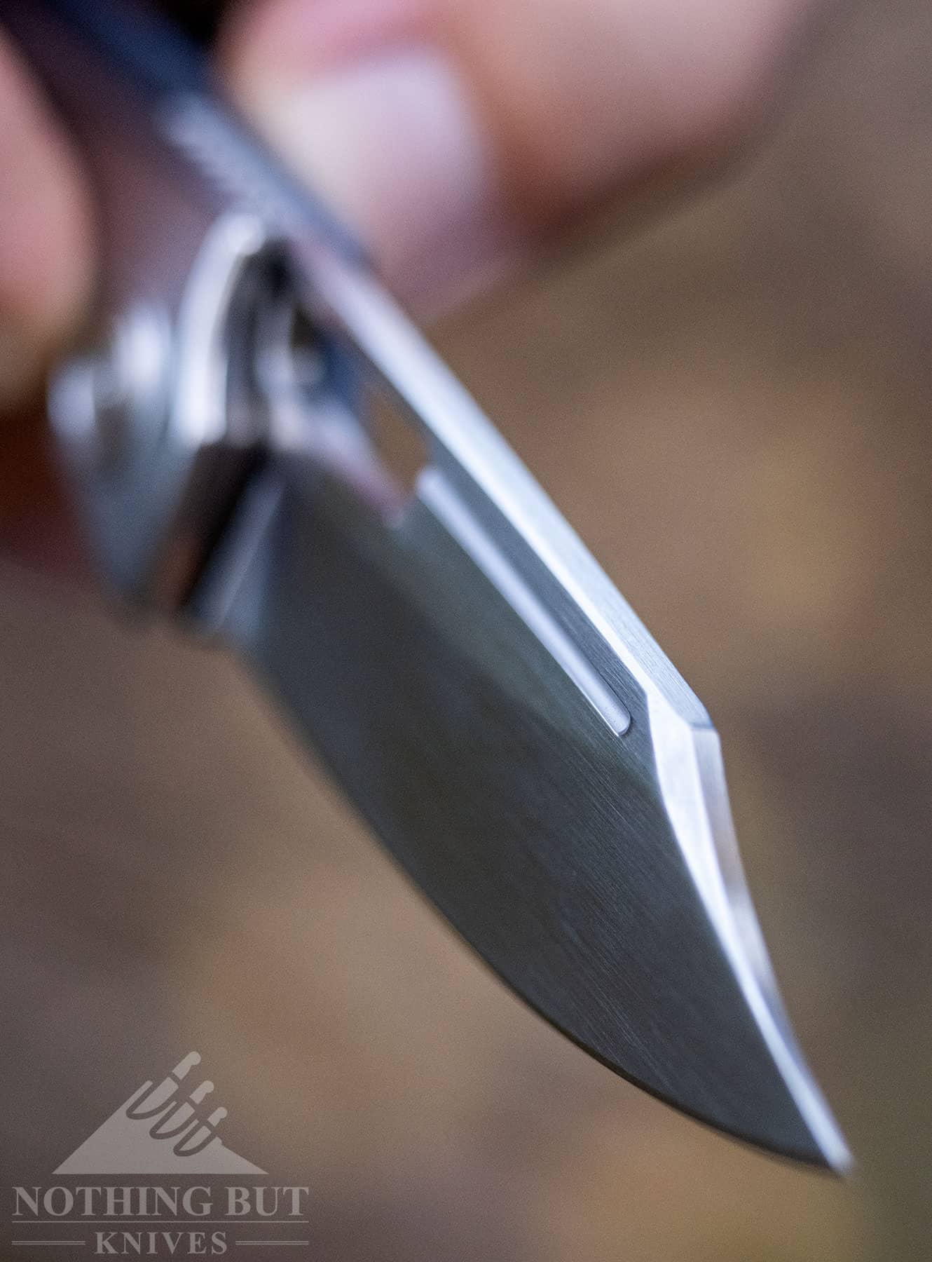 A close-up of the Boker HEA front flipper blade.