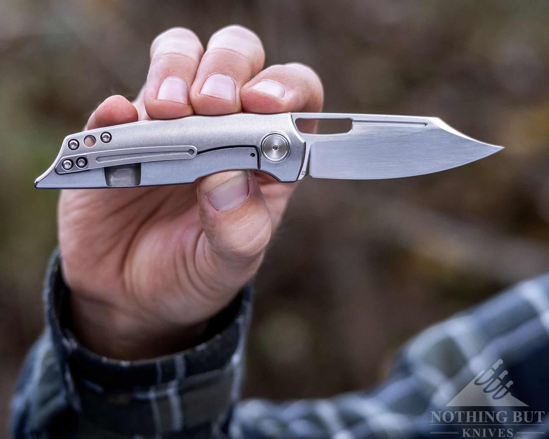 A good look at the stainless steel side of the Boker HEA Hunter pocket knife showing the frame lock. 