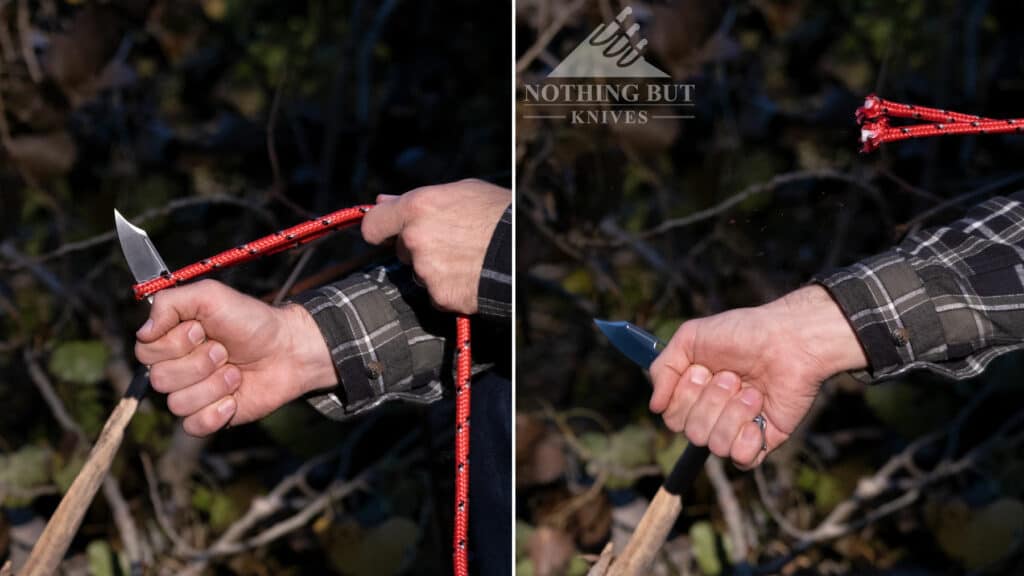 Cutting rope with the Boker HEA Hunter pocket knife.