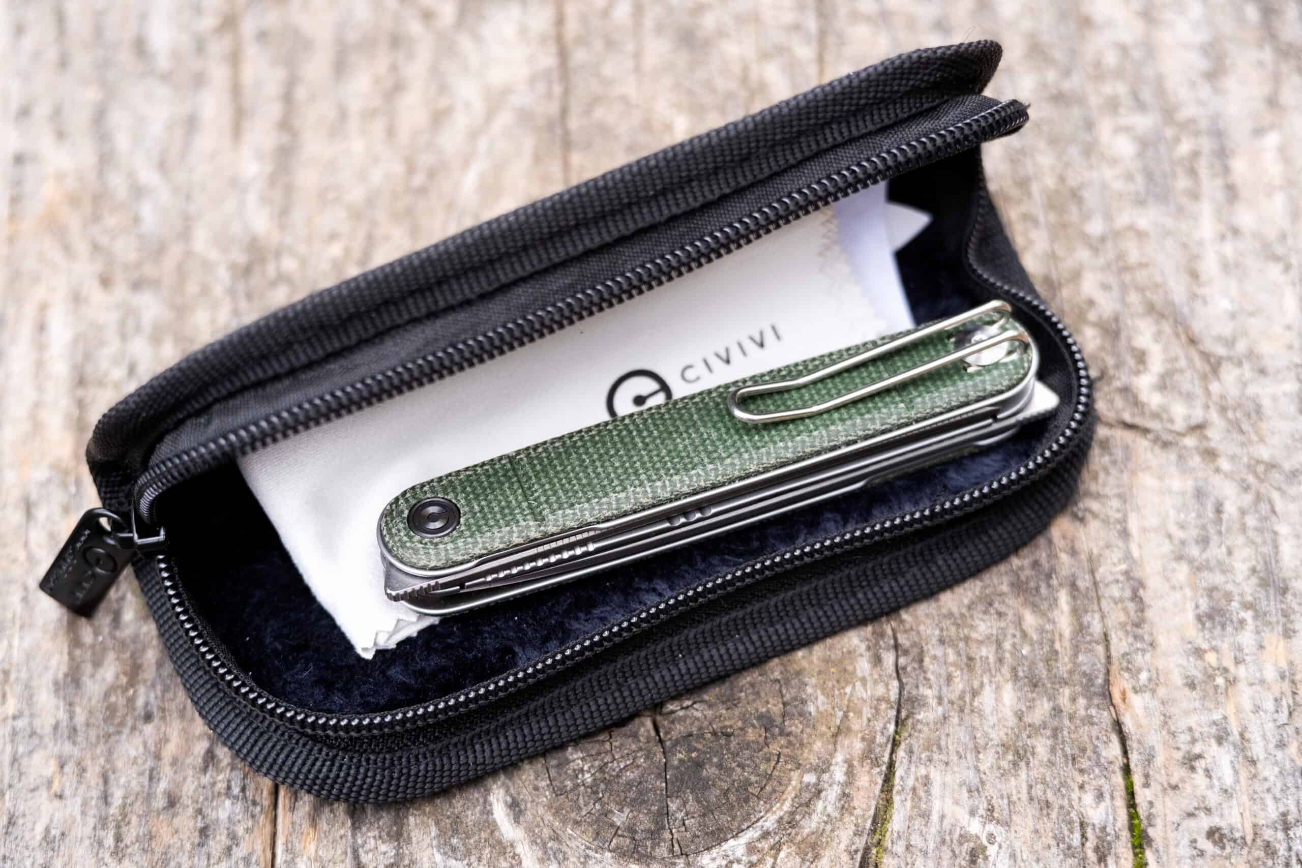 The Civivi Crit knife in it's case with a lint free wipe to keep the blade clean.