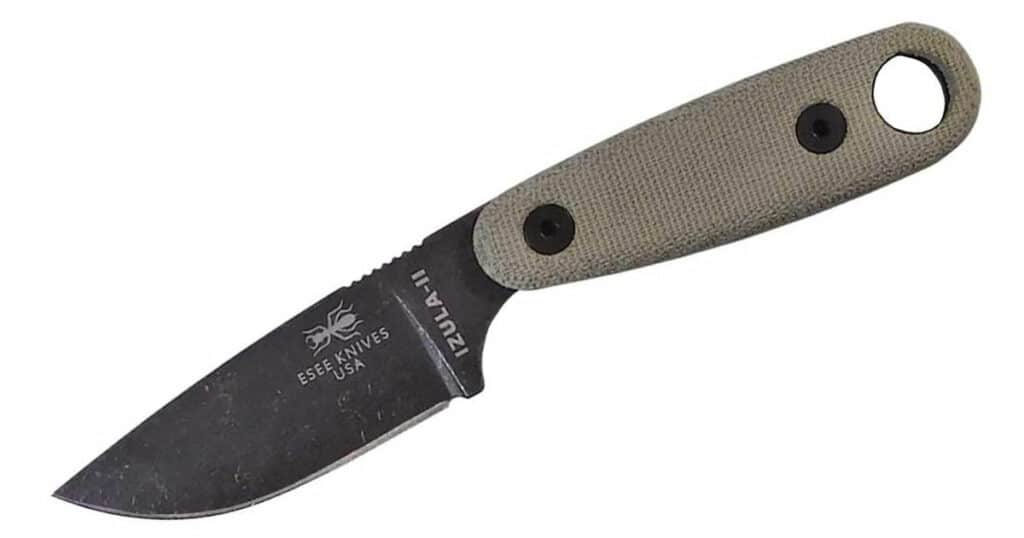 The Esee Izula II with canvas Micarta handle scales and a 1095 high carbon steel blade on a white background. 