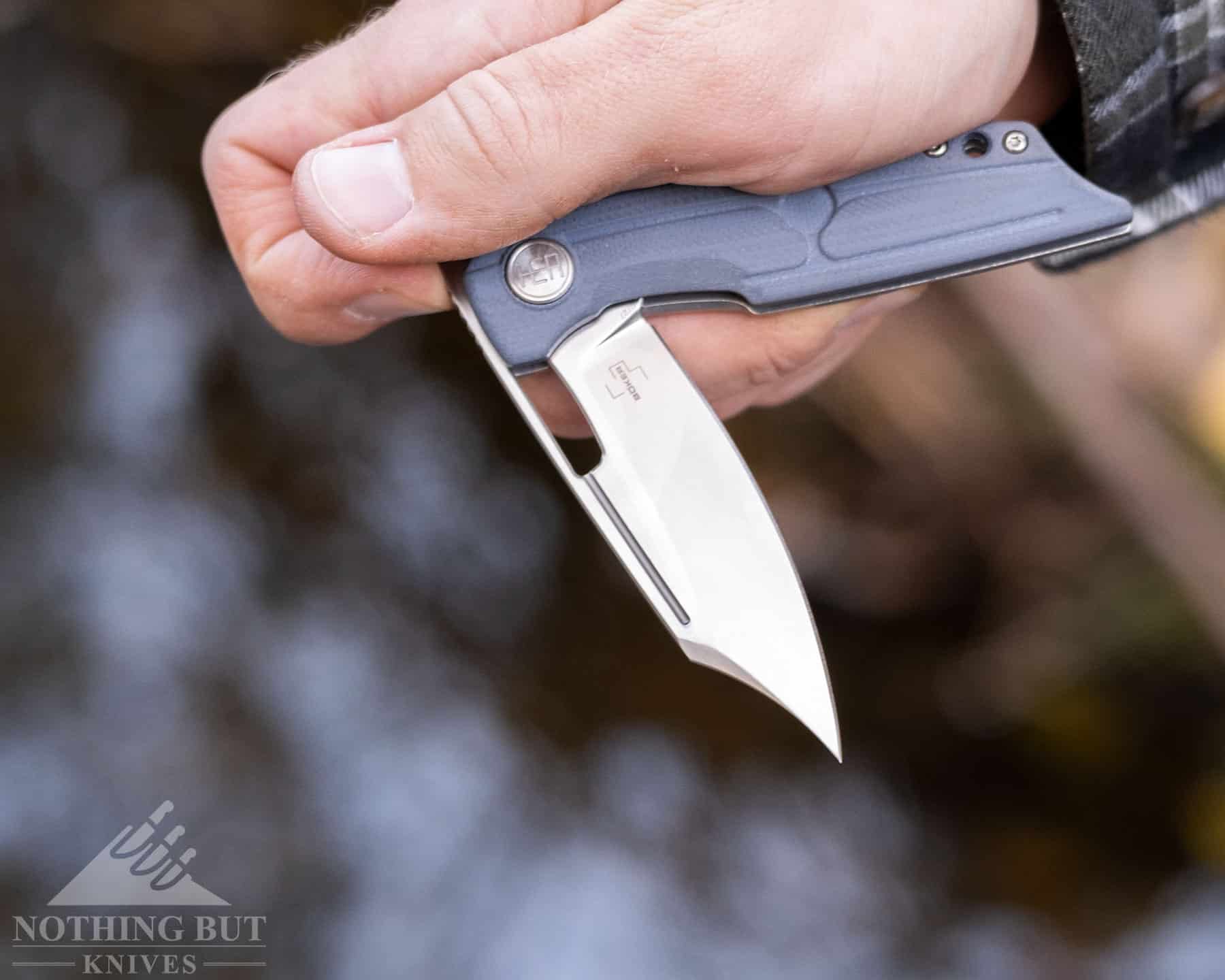 This image shows how the Boker Plus HEA Hunter can be opened with the index finger.