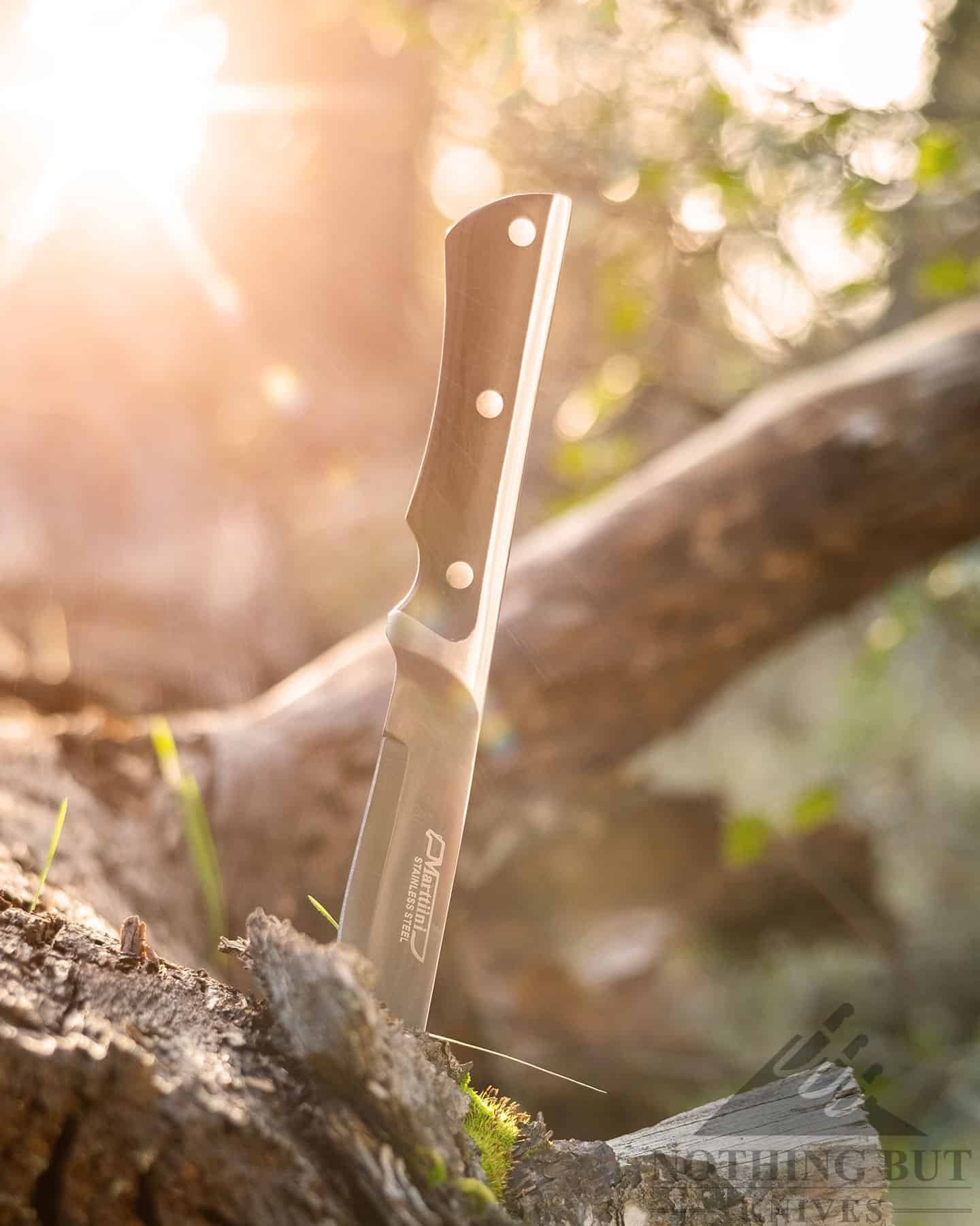 Marttiini Full Tang Review - Image 3 A backlit shot of the Maerttiini Full Tang with the sun setting behind it.