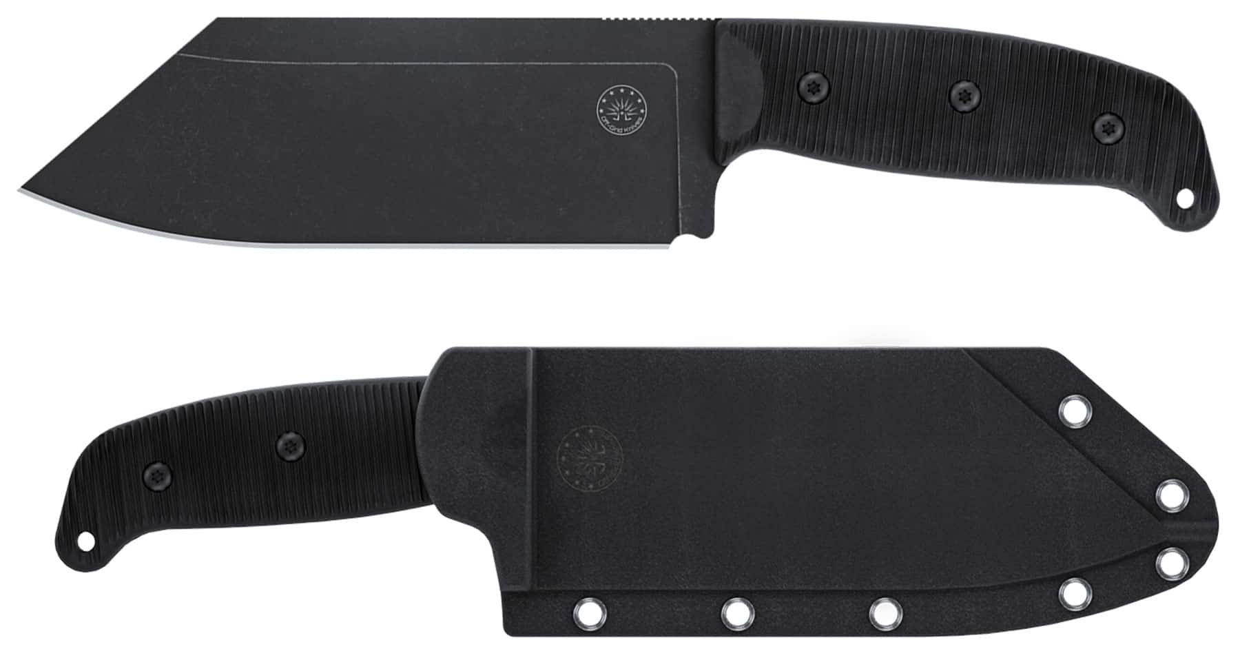 The Off-Grid Grizzly fixed blade knife with an AUS8 steel blade. Shown here with it's kydex sheath.